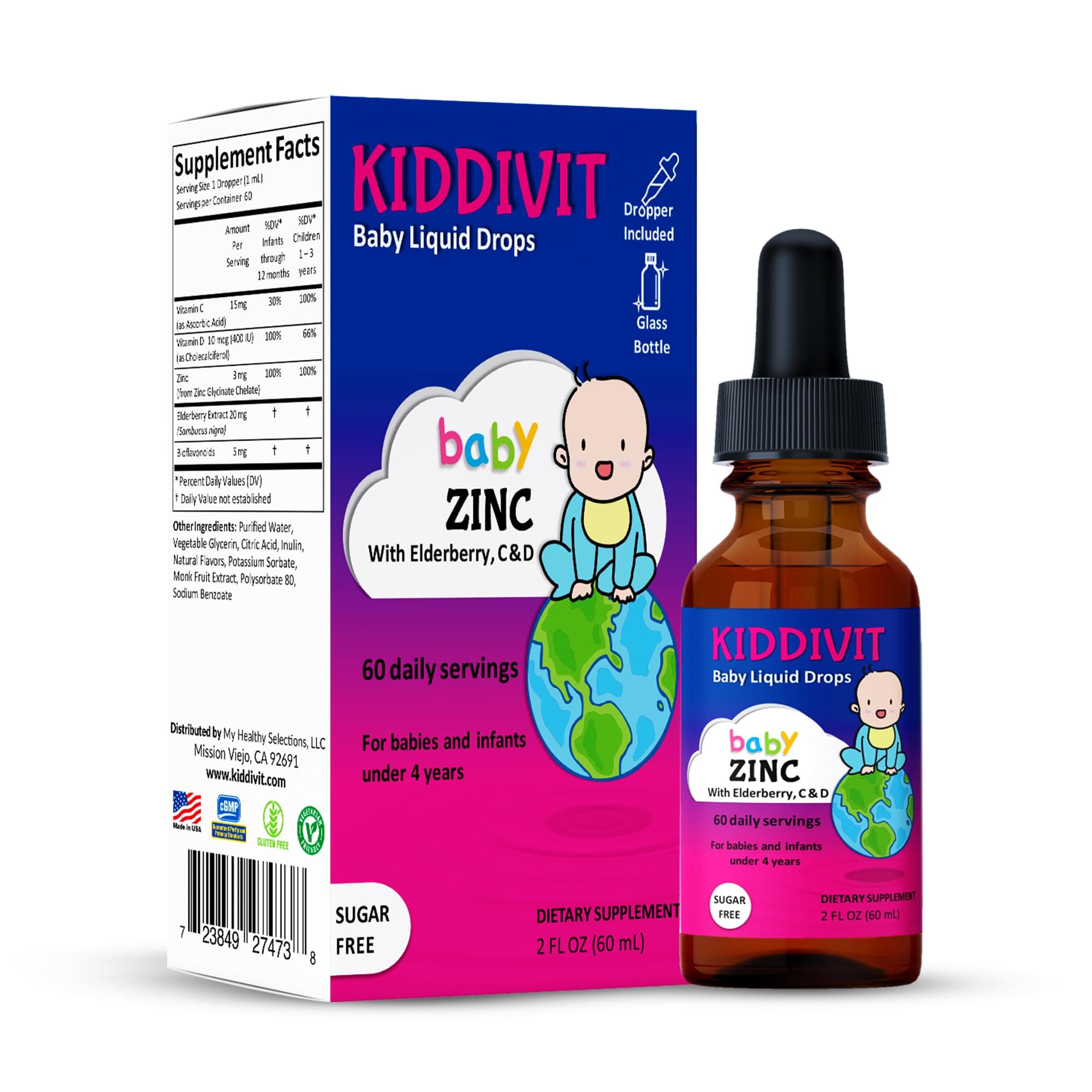 Kiddivit Baby Zinc Liquid Drops with Elderberry, Vitamin D3 & C - 60 Daily Servings, 2 Fl Oz (60 mL) - Inulin Fortified (Prebiotic, Dietary Fiber) - Sugar Free, Gluten Free, Vegetarian Friendly