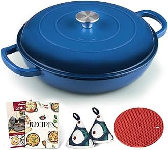 Enameled Cast Iron Dutch Oven - 3.8 Quart Dutch Oven Pot with Lid - Shallow Cookware Braising Pan - Cast iron Casserole with Cookbook & Heat-resistant Caps - Oven Safe up to 500° F