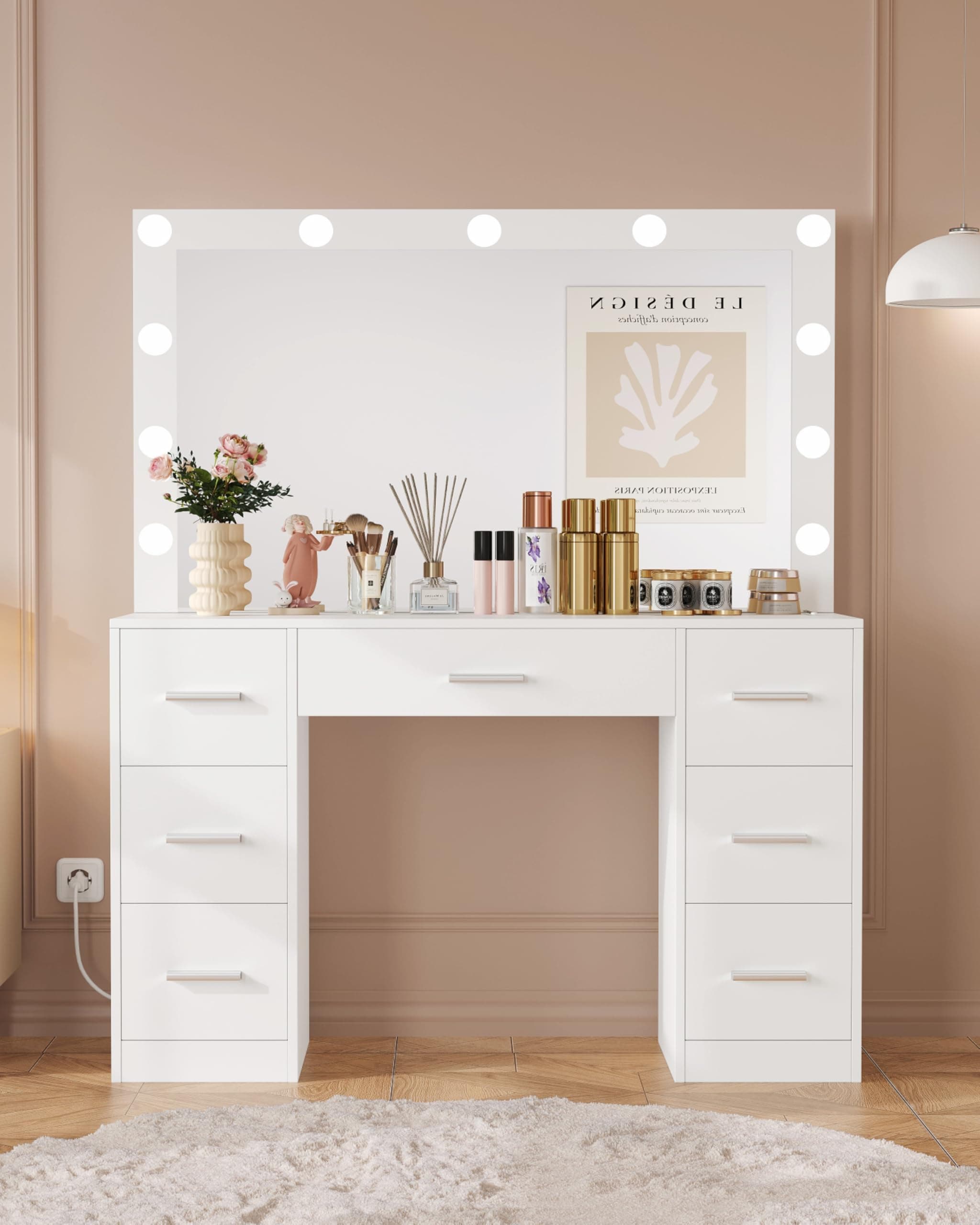 Irontar Vanity Table, Makeup Desk with Lighted Mirror, Dressing Desk with Drawers and Adjustable Brightness, 3 Color Lighting Modes, Vanity Desk for Women(White)