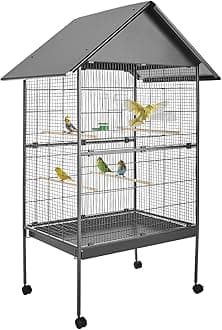 tectake® Large Bird Cage on Wheels with Pitched Roof, 2 Sliding Doors & Sand Tray, Incl. Feeding Station, Water Dispenser & 4 Perches, Ideal as Cockatiel & Parrot Cage - 85 x 60 x 168 cm