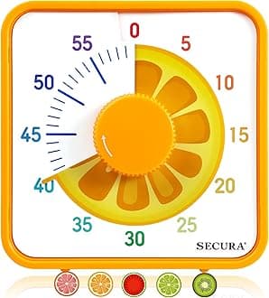 Secura 7.5-Inch Fruit Visual Timer for Kids, 60-Minute Countdown Timer for Classroom or Kitchen, Durable Mechanical Timer Clock with Magnetic Backing (Orange)