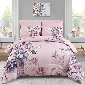 Luxudecor Floral Comforter Set Queen Size 7 Piece, Blush Pink Flower Bed in a Bag, Elegant Comforter Bedding Set for All Season (Blush Pink, 90"x90")