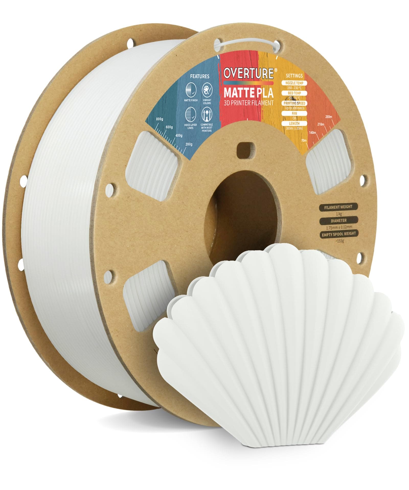 OVERTURE Matte PLA 3D Printer Filament 1.75mm, Matt Surface & Low Warping Filament 1kg Spool (2.2 lbs), Accuracy +/- 0.02 mm, Fit Most FDM Printers (Matte White)