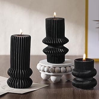 MTLEE3 Pcs Small Ribbed Pillar Candles Scented Pillar Candle Decorative Candles Soy Wax Aesthetic Candle 4.7, 4.2, 3.2 in Height Modern Geometric Home Decor for Bathroom Living Room(Black)