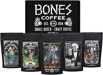 Bones Coffee Company NEW Flavors! Favorite Flavors Sample Pack | Pack of 5 Assorted Ground Coffee Beans | Low Acid Medium Roast Gourmet Coffee Beverages (Ground), B2273