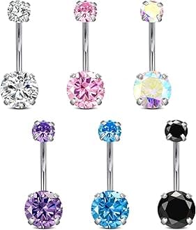 Incaton 14G Belly Button Ring Surgical Stainless Steel Round Cubic Zirconia Navel Barbell Belly Rings For Women 6/8/10/12mm