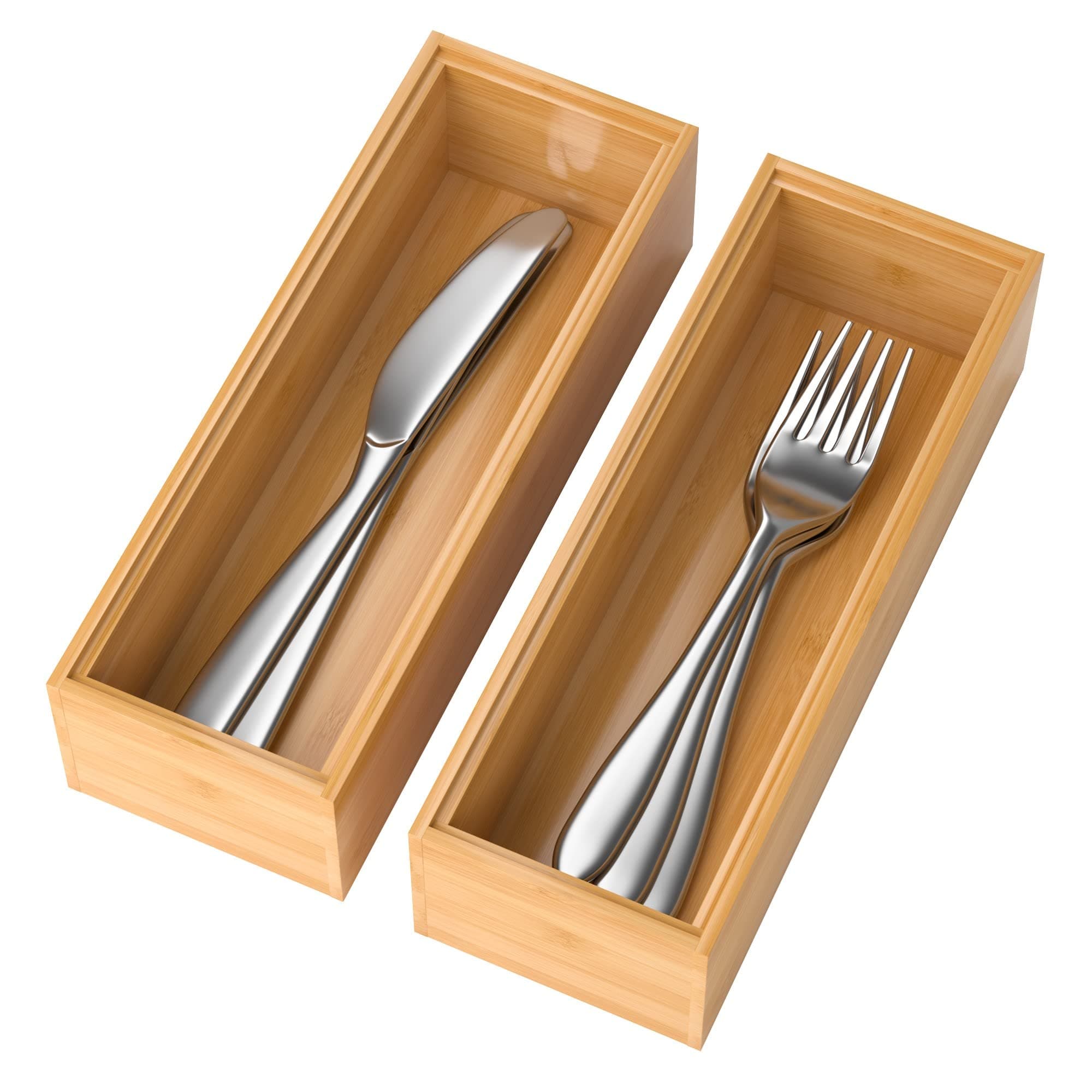 Bamboo Drawer Organizer – Set of 2 Stackable Storage Boxes, Silverware Tray & Small Gadget Holder for Kitchen Drawers, 9" x 3" x 2" (Outer), 8.3" x 2.3" x 1.77" (Inner)