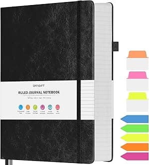 Lined Journal Notebook, Large A5 College Ruled Notebook, 312 Numbered Pages Work Notebook with Index Stickers, 100gsm Thick Paper, Hardcover Vegan Leather Journal for Women Men School Office, Black