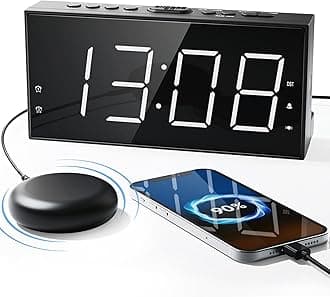 Super Loud Alarm Clock with Bed Shaker for Heavy Sleeper, Dual Vibrating Alarm Clock with USB Charger for Hearing-impaired Deaf, 7.5’’ Large Display with Dimmer, Snooze, 12/24H & Battery Backup