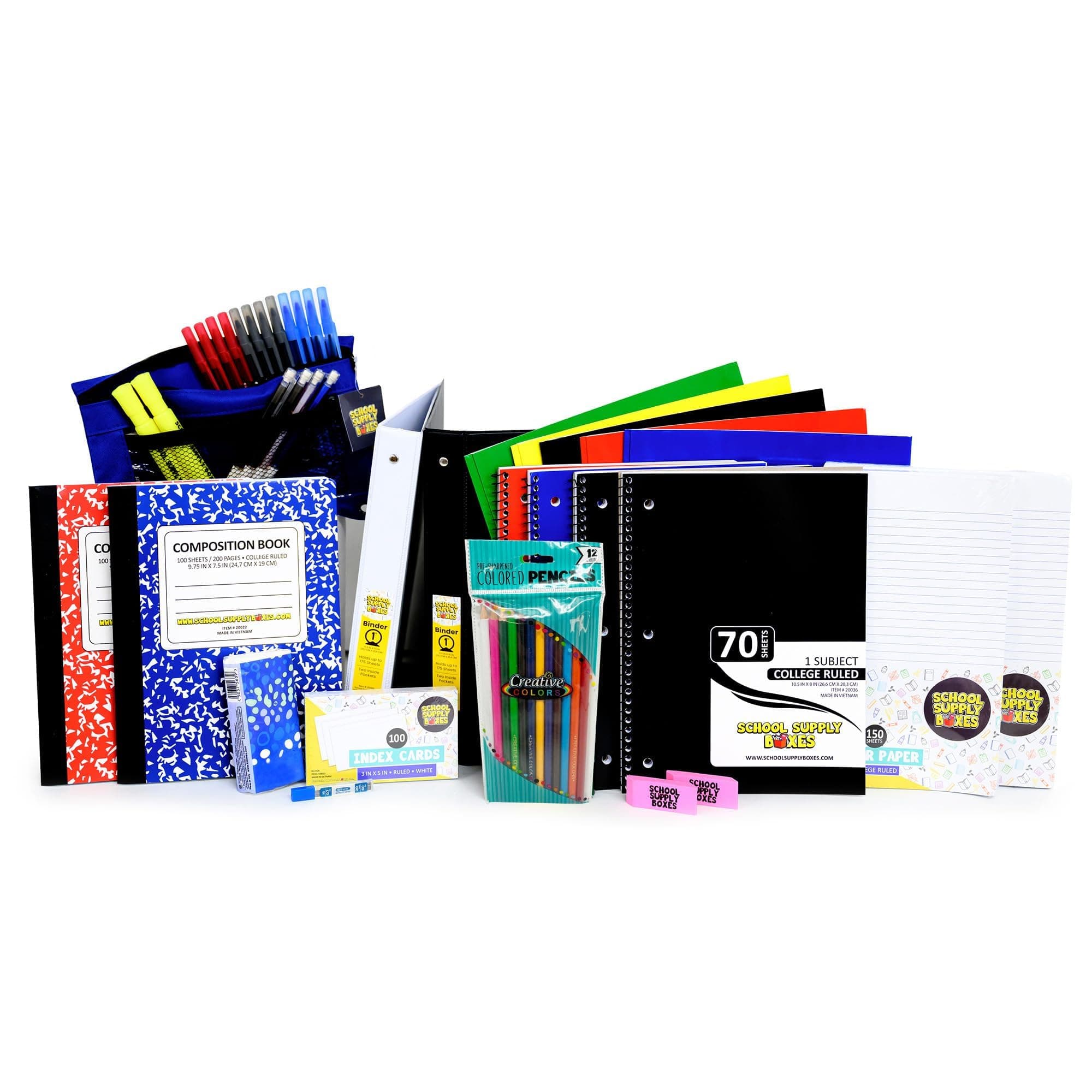 Secondary School Essentials Bundle | 1 Box - 51 Pieces per Box | School Supply Boxes - Back to School Essentials Includes Folders, Notebooks, 1" Binder, Mechanical Pencils, Index Cards, Highlighters, & Pens