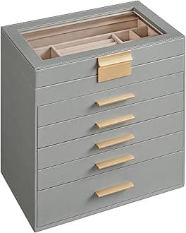 SONGMICS GISELLA Collection - Jewelry Box Organizer, 6-Layer Jewelry Storage with 5 Drawers, Shiny Metal Hardware, Glass Lid, Modern, 6.4 x 9.9 x 11.4 Inches, Dove Gray and Gold Color UJBC171G01