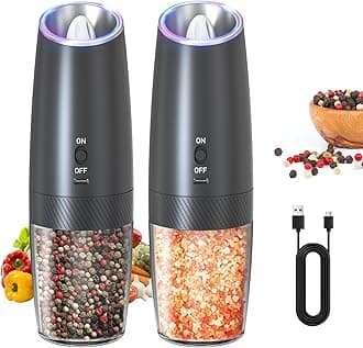 CIRCLE JOY Rechargeable Electric Salt and Pepper Grinder Set Gravity Salt and Pepper Mills Set with LED Light, No Battery Needed, Adjustable Coarseness, Washable 135ml Container, Black