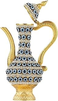 Steel Water Bottle Pitcher with Zirconia Stones | Handmade Metal Carafe Water Tea Coffee Jug Vintage Bottle | Turkish Ottoman Zamzam Pitchers (240 ML / 8.1 Oz, Evil Eye and Zirconia, Gold Color)