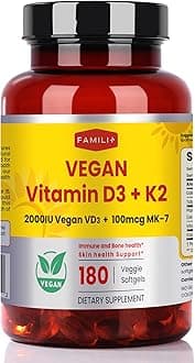 FAMILI+ 180 Days Vegan Vitamin D3+K2 Softgel with Coconut MCT Oil | 2000IU Plant Source Vitamin D3 + 100 mcg Vitamin K2 MK-7 | for Bone, Muscel, Immune, Teeth & Heart Health | 100% Vegan no-Gelatin