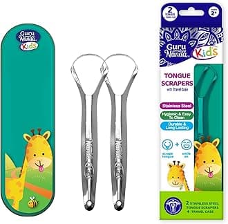 GuruNanda Kids Tongue Scraper (2-Pack) with Travel Case, Medical Grade 100% Stainless Steel for Cleaner Tongue & Fresh Breath, Travel Friendly Tongue Cleaner For Complete Oral Care (Green/Pink/Orange)