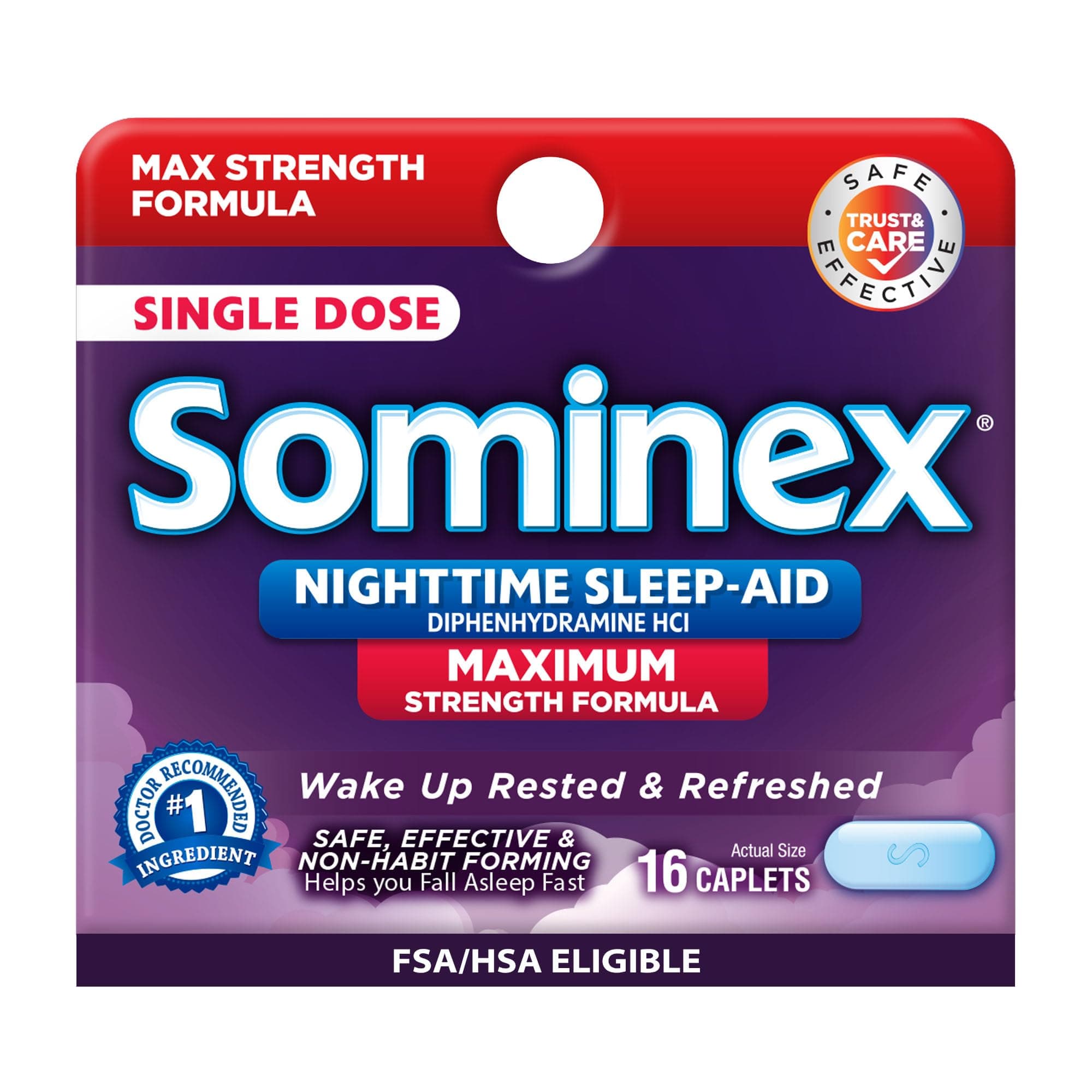 Sominex Nighttime Sleep-Aid Tablets, Maximum Strength Formula, Single Dose, Assorted, 16 Count