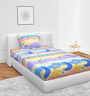 Kids Good Night Single bedsheet with one Pillow Cover Made with Microfiber (Size 90x60) (Pillow Size 18x28) (Colour-Beige)