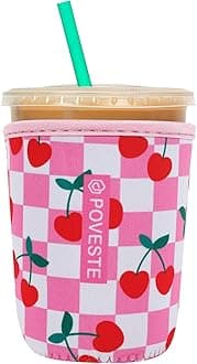 Reusable Neoprene Insulator Sleeve for Iced Coffee & Cold Soda, Coffee Sleeves for Iced & Hot Drinks, Cold Beverage Cooler Compatible with Starbucks, Dunkin (Pink Checkerboard&Cherry, Small: 16-18oz)