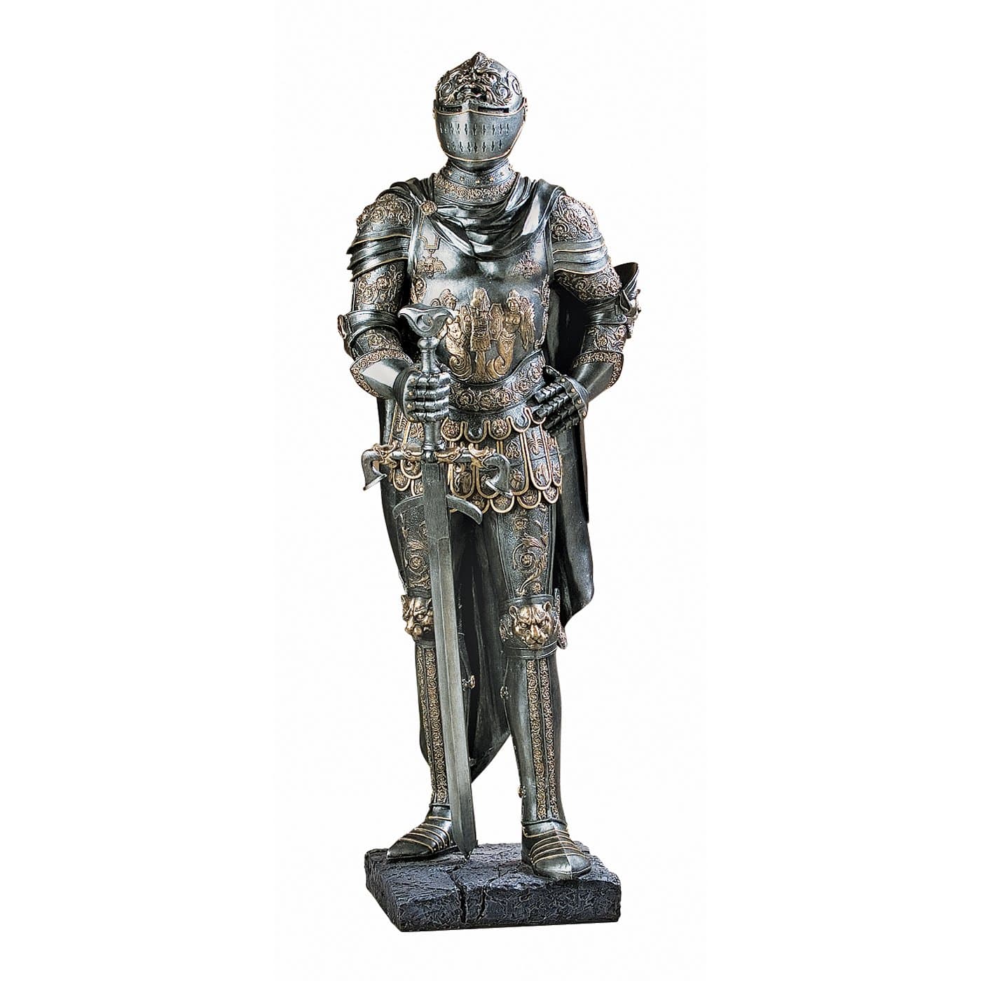 King's Guard Medieval Decor Half Scale Knight Armor Gothic Statue, 39 Inch Tall, Cast Stone Resin, Metallic Finish with Faux Stone Base