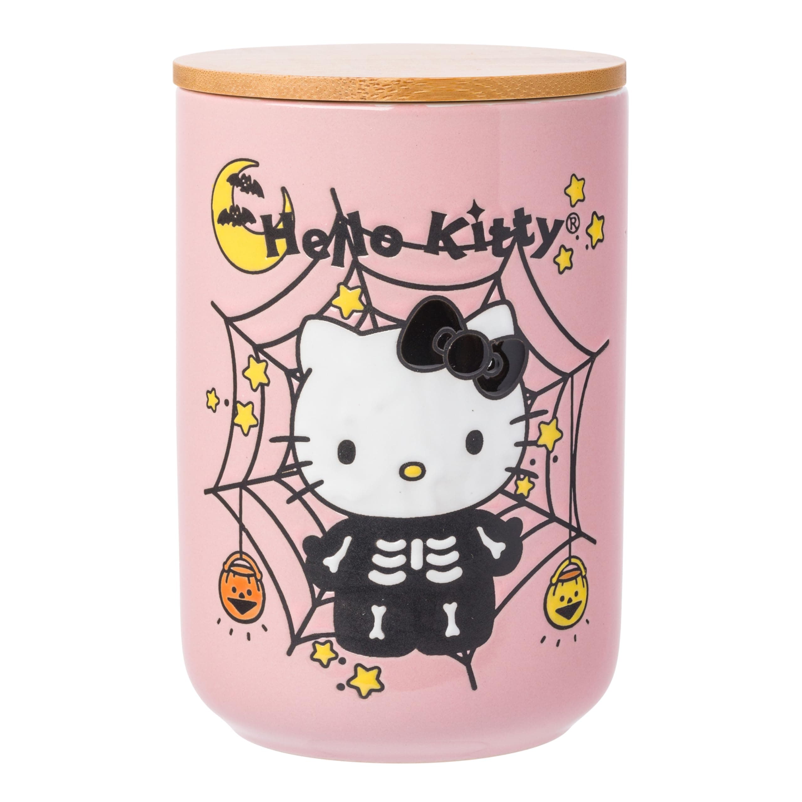 Silver Buffalo Hello Kitty Skeleton Web 6.6" Ceramic Container with Bamboo Lid