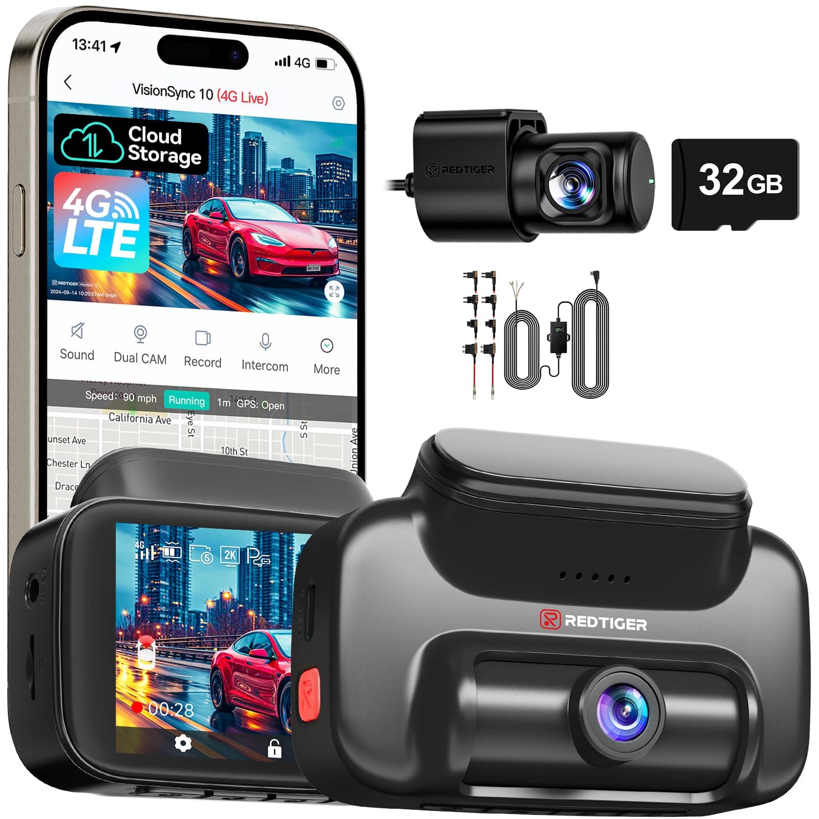 4G LTE Dash Cam Front and Rear,Remote Live Stream, 30-Day Cloud Storage, 2.5K + 1080P, Emergency Alert, GPS, Built-in SIM (AT&T), Parking Monitor, 32GB Card & Hardwire Kit Included (VS10)