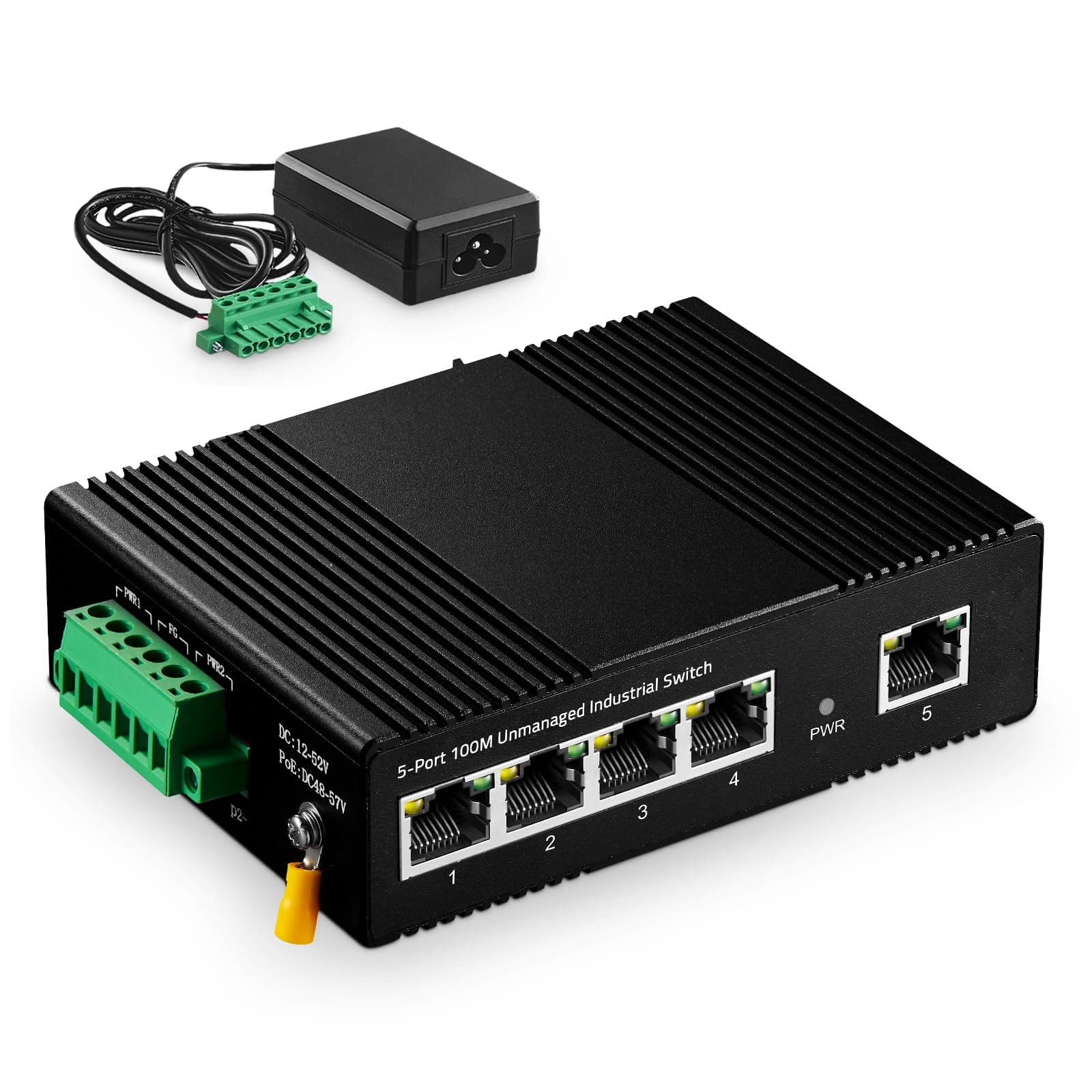 - 5 Port Industrial Ethernet Switch, 4 Ports and 1 Uplink 10/100Mbps, Fanless Din Rail and Wall Mount, IP40 Aluminum Alloy -40~75°C(-40~185°F), with One Power Supply
