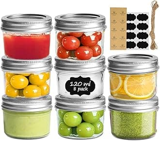 ComSaf Mini Mason Jars 120mL/4oz - 8 Pack, Small Glass Jars with Lids and Seal Bands, Small Glass Canning Jar, Jam Jars, Preserving Jars for Honey, Jelly, Dessert, Shower Wedding Favors, DIY Decor