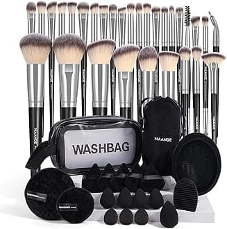 MAANGE 30pcs Professional Makeup Brush Set With Velvet Bag&5pcs Beauty Blender&2pcs Makeup Remover Puff&5pcs Triangle Powder Puff&3pcs Mini Thumb Puff&Toiletry Bag&2pcs Cleaning Mat (Blacksliver)
