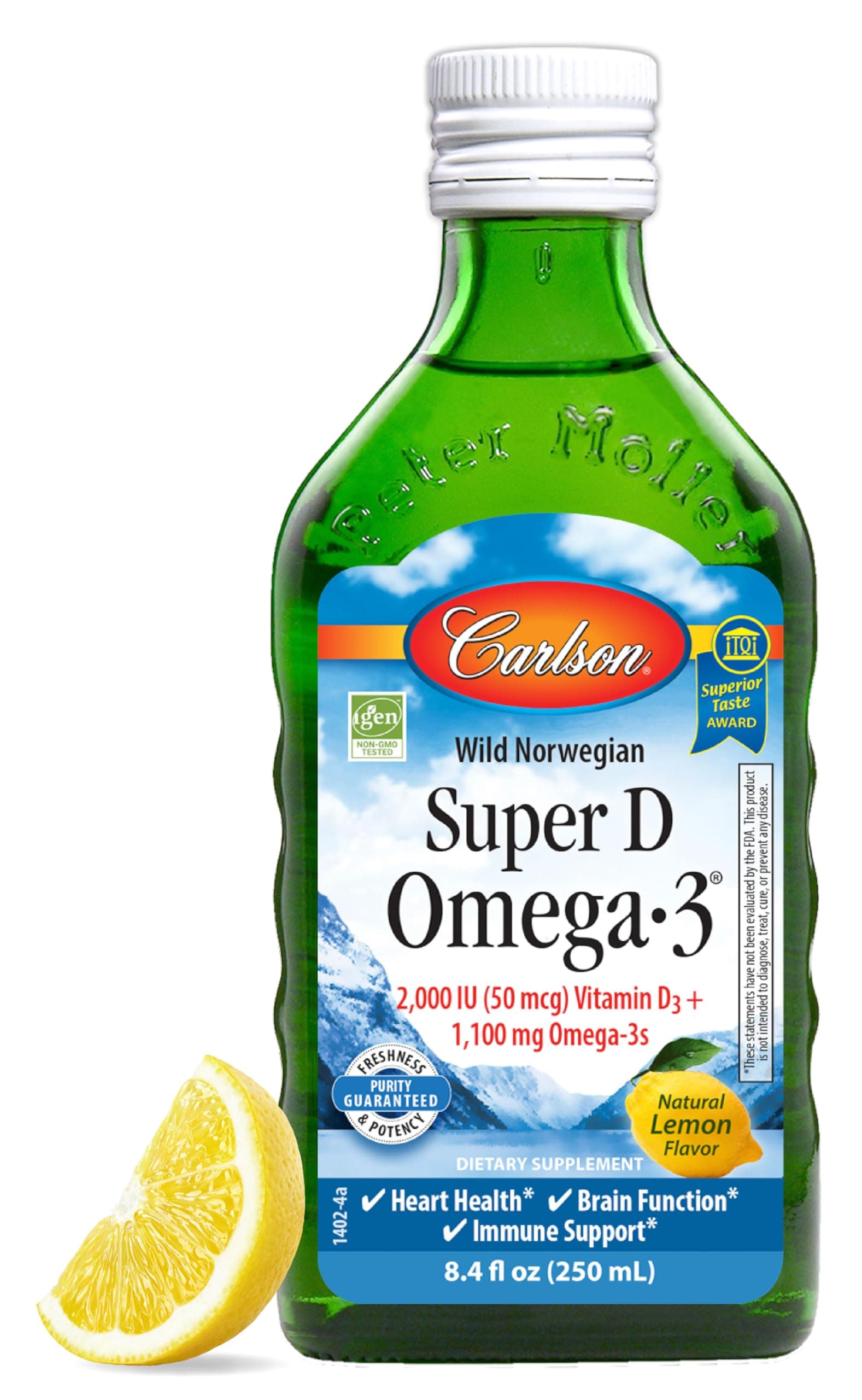 Carlson - Super D Omega-3, Wild-Caught Norwegian Arctic Cod Liver Oil, 2000 IU (50 mcg) Vitamin D3, 1100 mg Omega-3s, Sustainably Sourced Nordic Fish Oil Liquid, Lemon, 250 ml