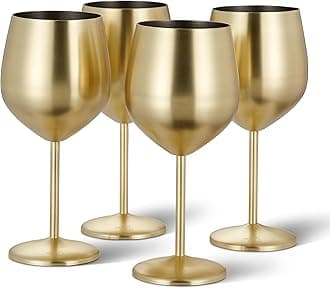 OS Oak & Steel ENGLAND - 4 Elegant Gold Stainless Wine Glasses, 540ml - Unbreakable Wine Goblet Balloon Glass Gift Set, for Home Bar, Weddings, Anniversary, Birthday Party