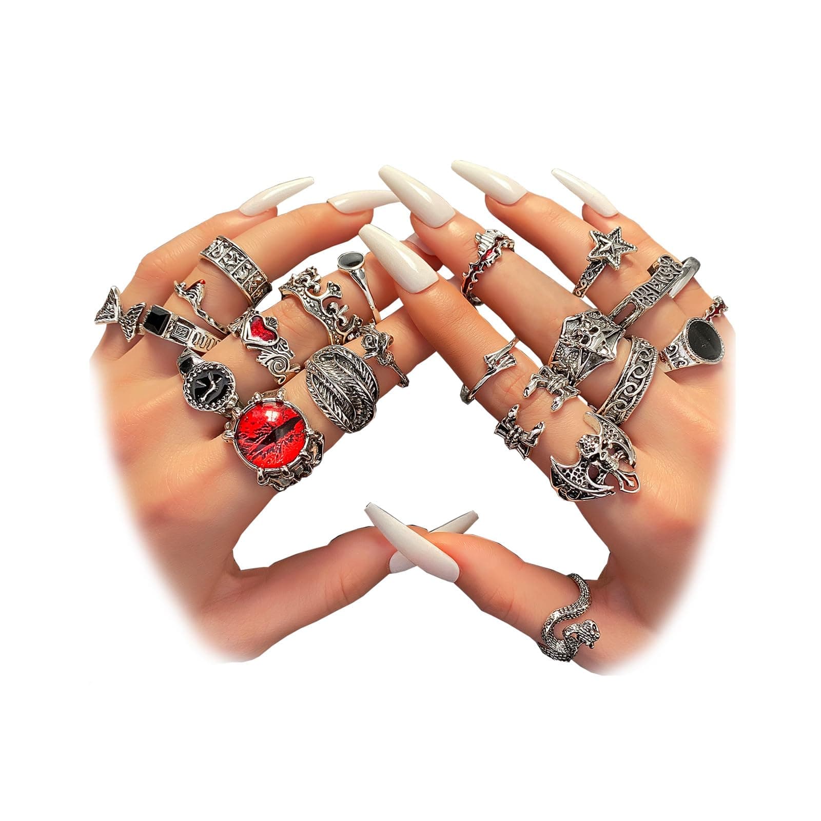 Vintage Silver Knuckle Rings Set for Women, Stackable Joint Finger Statement Rings Bohemian Retro Hollow Carved Midi Rings, Boho Halloween Skeleton Skull Snake Heart Chunky Stacking Rings Pack