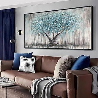 Arjun Framed Blue Tree Extra Large Canvas Wall Art for Living Room Tree of Life Abstract Bedroom Textured Painting, Nature Picture Panoramic Landscape Artwork Home Office Decor, Black Wood 58"x29"