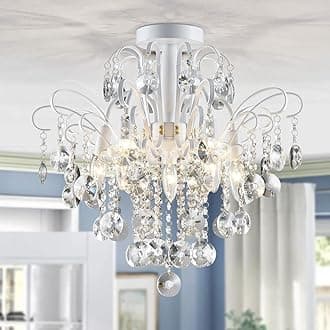 WUZUPS Crystal Chandelier Flushmount Ceiling Light Modern Lighting Fixture for Bedroom Hallway Bar Kitchen Bathroom, H 17.5'' x W 19.3'', E12 Base, White