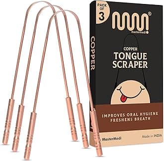 MasterMedi Tongue Scraper for Adults, 100% Stainless Steel Tongue Scrubber for Bad Breath, Easy to Use, Tongue Cleaner for Oral Care & Hygiene (Copper Pack of 3)