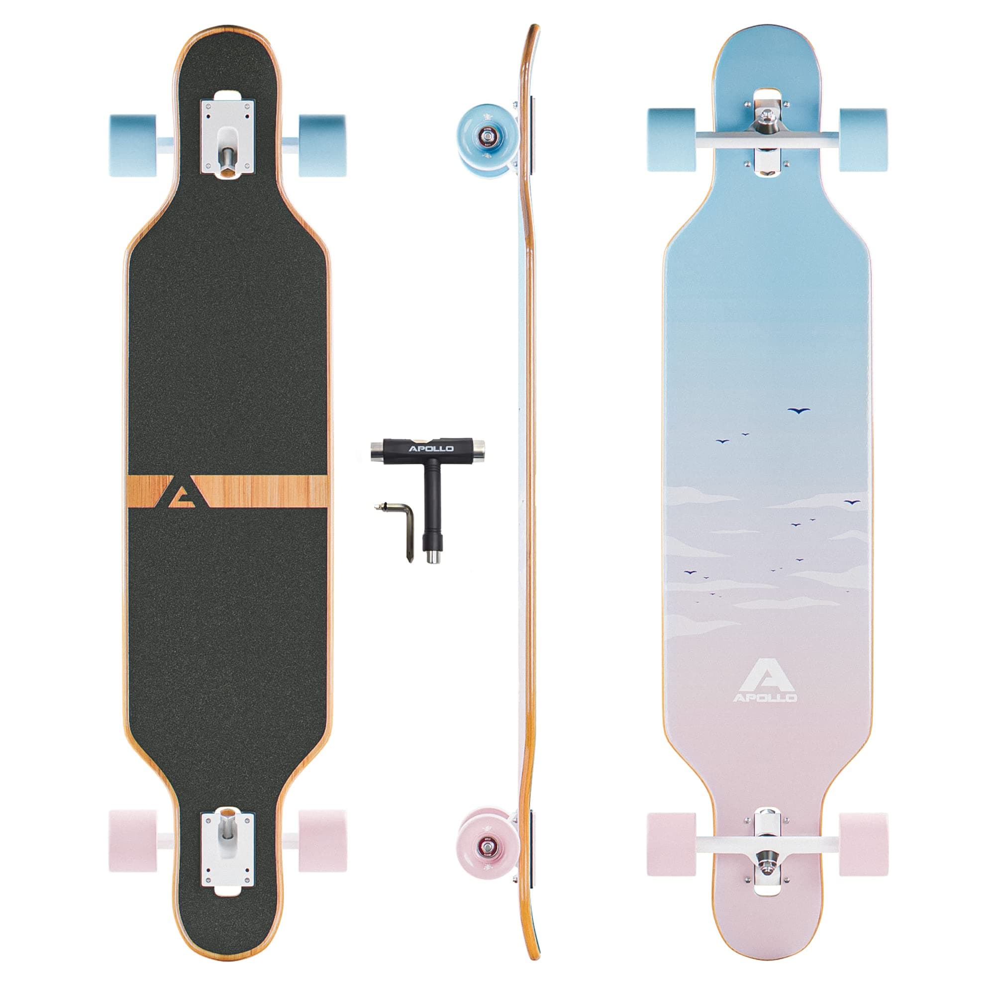 Apollo Longboard, Complete Board with High Speed ABEC Bearings, Drop Through, Freeride, Skating, Cruiser Board