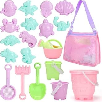 Tagitary Sand Toy Set 20 Pieces Sandpit Toy for Toddlers with Beach Bucket Watering Can Shovel Rake Sand Moulds Beach Shell Bag