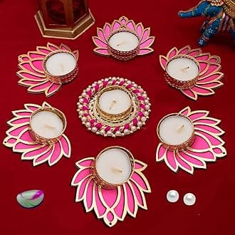 Handmade 7 Pc Pink Lotus Chudi Diya Rangoli Candles with Wax for Diwali Ganesh Chaturthi Laxmi Pooja Home Temple Rangoli Diya Floor Decoration