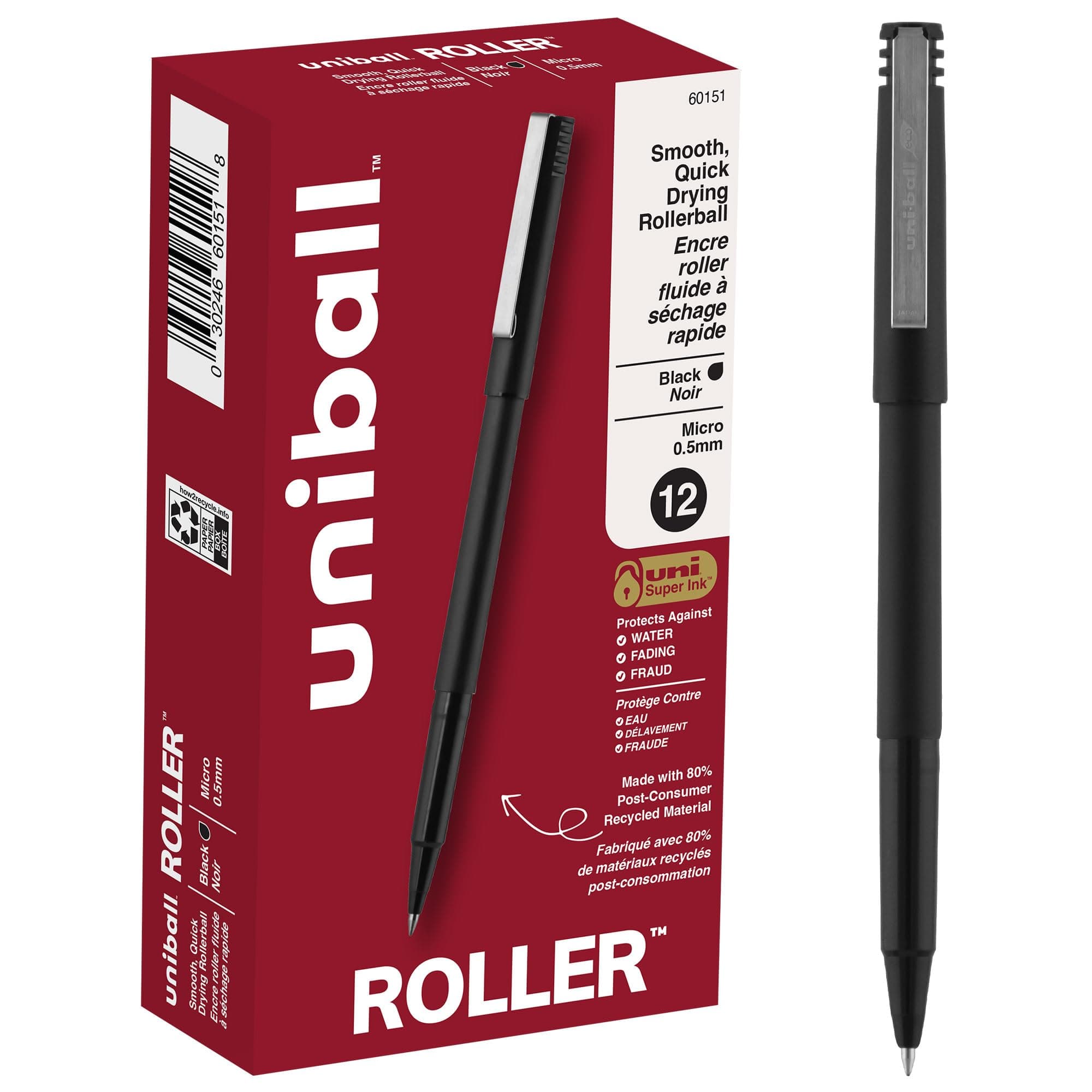 Roller Pens, Micro Point (0.5mm), Black, 12 Count
