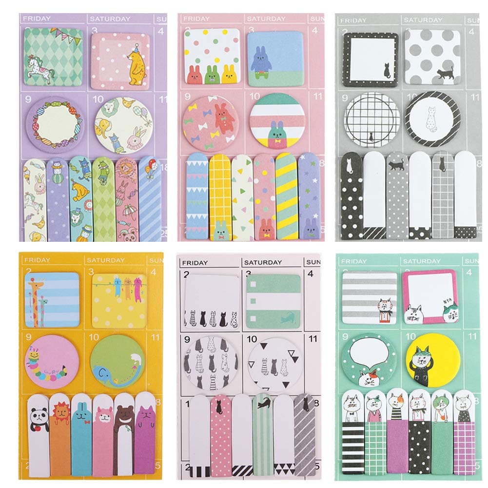 Sticky Notes 6 Set, Self-Stick Removable Sticky Page Markers Cute Cartoon Animal Note Pads Bookmark DIY Sticker Memo Pad Flag Markers for Office School (A)