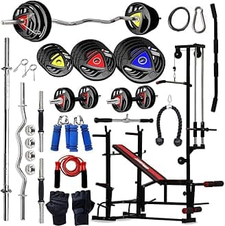 KENIT 10KG -100KG Rubber Coated Weight Plates Combo with 20 IN 1 Home Gym Bench, 5Ft Plain and 3Ft Curl Barbell Rods (23mm), Pair of Steel Dumbbell Rod & Accessories (80, Kilograms)