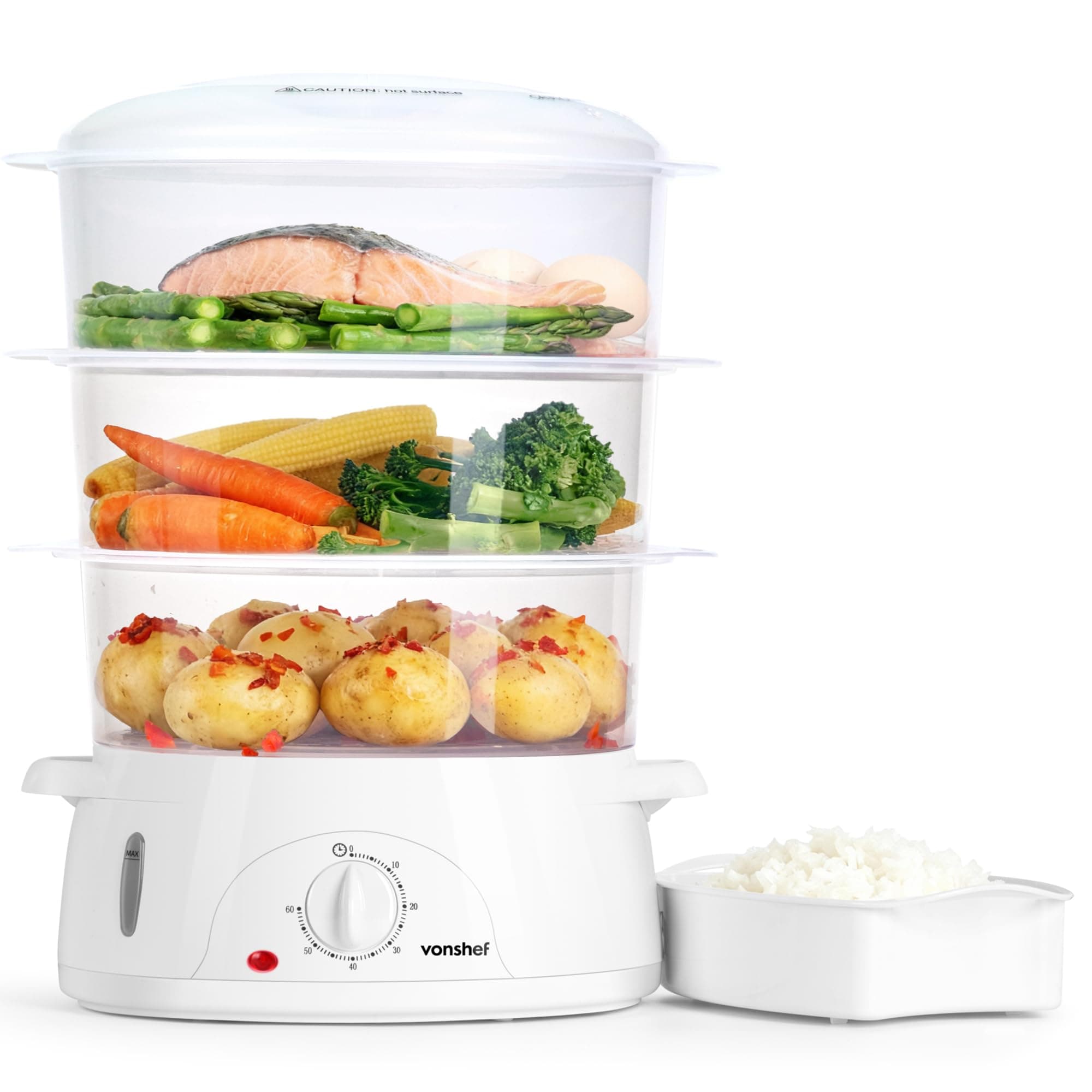 Food Steamer Electric 800W - 9L Capacity, 3 Stackable Tiers, BPA-Free, 60-Minute Timer, Boil-Dry Protection, Dishwasher Safe Parts & Rice Bowl Included, for Healthy Steam Cooking - White