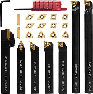 スローアウェイ旋盤旋盤旋盤ツール21個キット、7個の金属旋盤ツールホルダーセットと14個の旋削インサート、5/8インチ16mmシャンク、旋削溝入れねじ切りボーリング用超硬インサート付き
