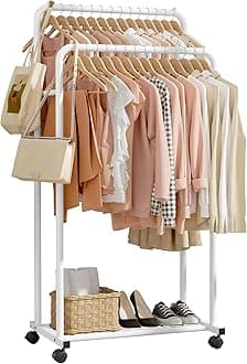 Clothes Rack - Clothing Rack with Storage Mesh Shelf & Casters, Heavy-Duty Metal Clothing Rack for Hanging Clothes, Dresses, Coats, Large Load Capacity, Easy Assembly, White, 28.0"x16.0"x59.0"