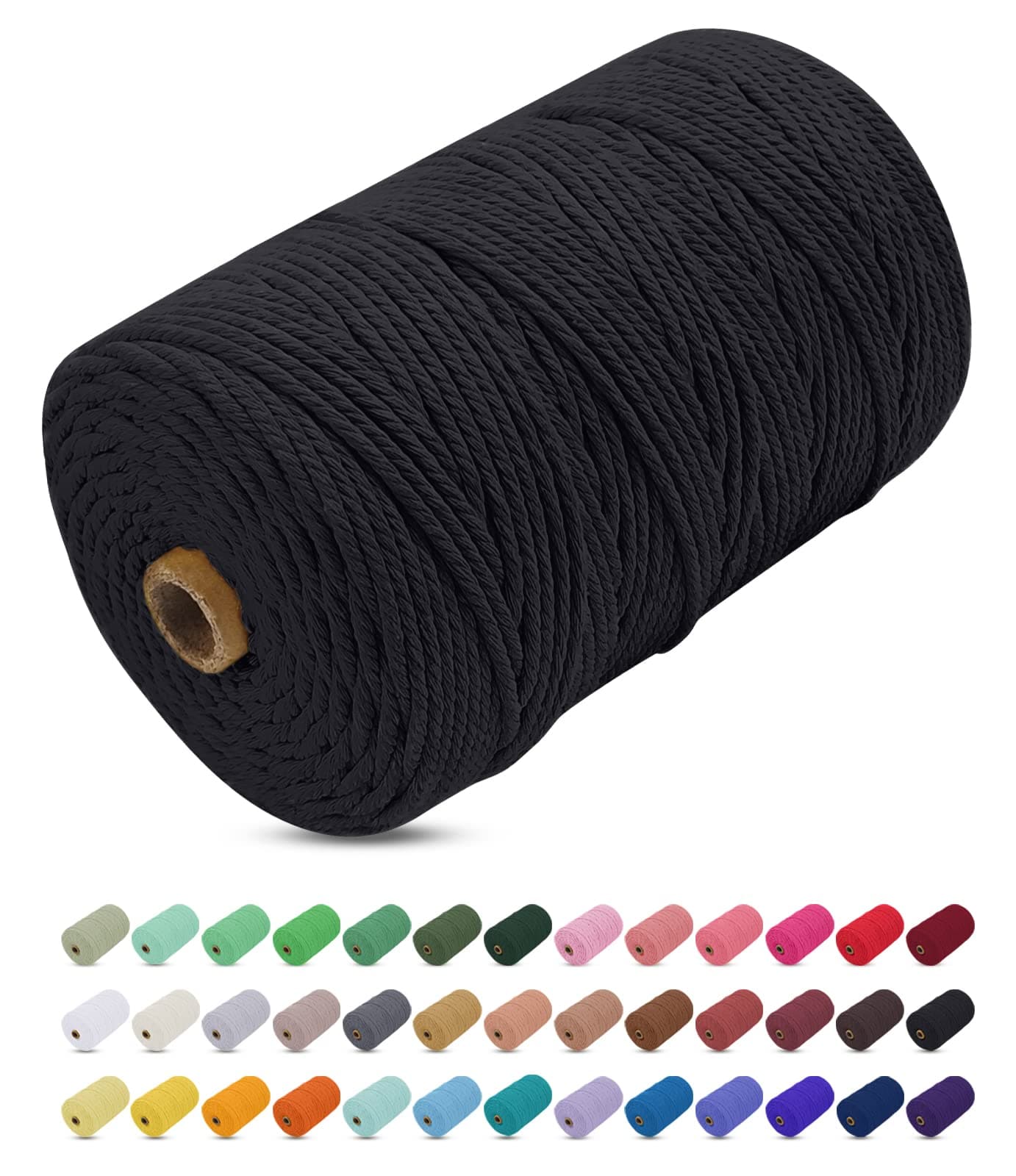 Uiopa Macrame Cord 3mm x 200m, Thick Macrame Rope Yarn Soft Natural Cotton Cord, Coloured 4-Ply Macrame String for DIY Craft, Plant Hangers, Wall Hanging, Christmas Decorations (Black)