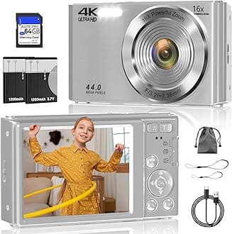 Digital Camera, FHD 4K 44MP Digital Camera, 16X Digital Zoom, Digital Point and Shoot Camera with 3-LED Fill Lights, 64GB SD Card, Compact Camera for Kids Teen Boys Girls, Sliver