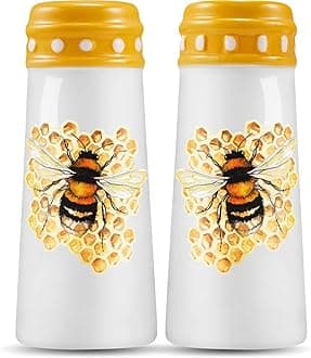 Honey Bee Salt and Pepper Shakers - Bee Kitchen Decor, Farmhouse Cute Salt Pepper Shaker Set for Dining Table, Bumble Bee Decorations for Home Honeycomb Bee Hive Decor, Ceramic Bee Labor Day Gifts