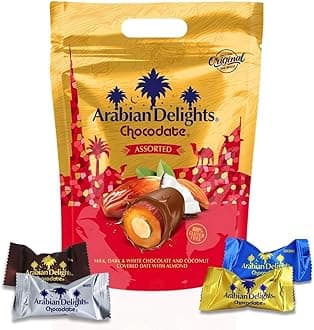 Chocolate Covered Almond Stuffed Dates - Arabian Delights Chocodate Assorted Pouch 460g – Premium Chocolate Dates Gift Pack in Milk, Dark, White & Coconut Chocolates Varieties