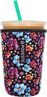 Reusable Neoprene Insulator Sleeve for Iced Coffee & Cold Soda, Coffee Sleeves for Iced & Hot Drinks, Cold Beverage Cooler Compatible with Starbucks, Dunkin (Purple Garden, Medium: 22-24oz)
