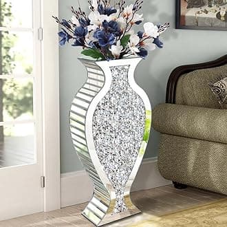 Tall Floor Vase S Crushed Diamond Mirrored Vase 27” Tall, Crystal Silver Glass Decorative Mirror Large Vase Luxury for Home Decor Flower Arrangement Can’t Hold Water.