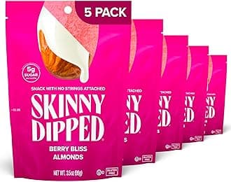 SkinnyDipped Berry Bliss Yogurt Covered Almonds, Healthy Snack, Plant Protein, Gluten Free, 3.5oz Resealable Bag, Pack of 5